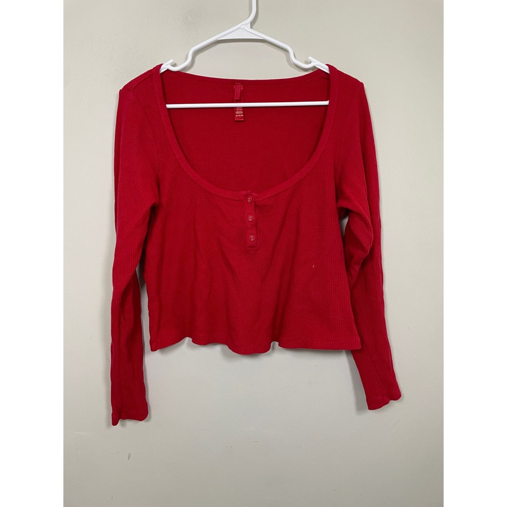 Skims Waffle Knit Henley Scoop Neck Cropped Top in Red Size XL Casual Loungewear